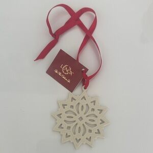 Lenox Cream Snowflake Ornament with Red Ribbon